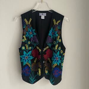 Vintage 90s Vest Streetwear Daily Planet Black Size Large Fish Floral Embroidery